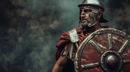 Fototapeta premium A warrior in detailed armor and a red cloak stands determinedly with his shield in battle-ready stance.