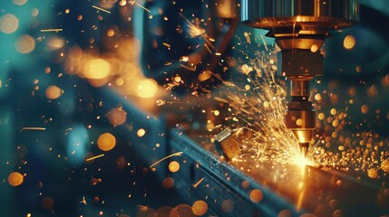 Advanced laser technology used by a robotic arm in a smart factory, with sparks flying