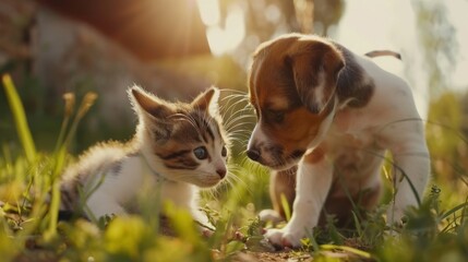 Obraz premium A cute couple of furry friends, little cat and playful dog, enjoying a sunny garden