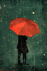 A man and a woman in a tender embrace under a red umbrella on a snowy night.