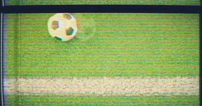 Soccer VHS - A soccer ball is rolling over a line marking of a soccer field - Video played from a damaged VHS tape and/or displayed on a defective TV - VFX
