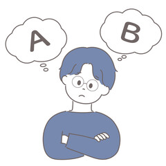 AかBかで悩んでいる若いメガネの男性のイラスト