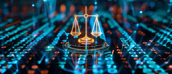 Binary code glowing orange justice scale on black background emphasize virtual screen illumination compliance, responsibility security law data protection