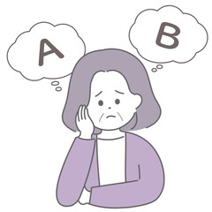 AかBかで悩んでいる高齢の女性のイラスト