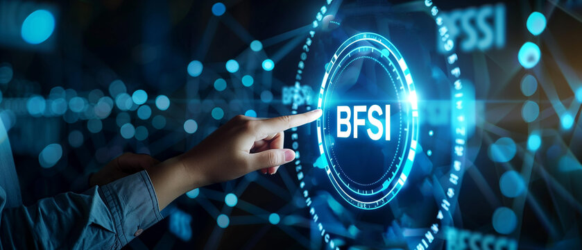 Bfsi transformation with finger touching screen with futuristic interface, disruption technology optimization efficiency