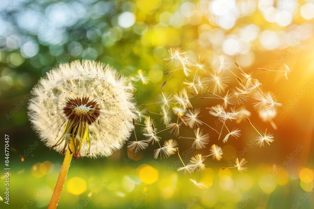 Poster dandelion seeds floating in air on soft blue background with bokeh effects for serene ambiance