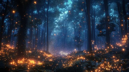 Fototapeta premium A nighttime scene in the Complete rainforest, with fireflies illuminating the darkness and nocturnal creatures stirring.