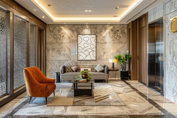 Fototapeta premium The luxury home’s enter area, with its contemporary furnishings and stylish decor, sets a perfect tone for the rest of the interior
