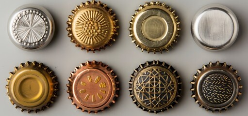 Vintage Caps Collection: Rustic Metal Bottle Caps with Stenciled Designs, Antique Aesthetic