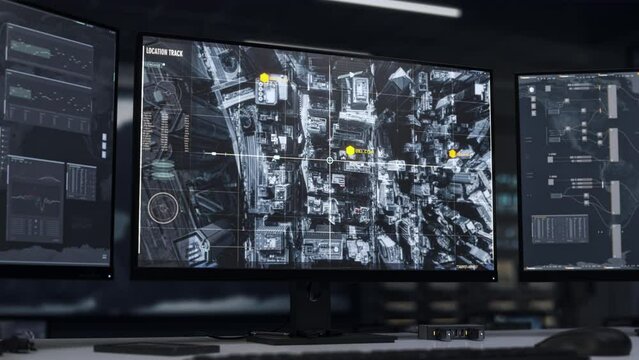 Advanced Spy Agency Tracking System Scans City To Detect Mission Objectives. Satellite Scanner Tracking System. Tracking Software Activates City Monitoring System To Scan For Suspects. Intelligence