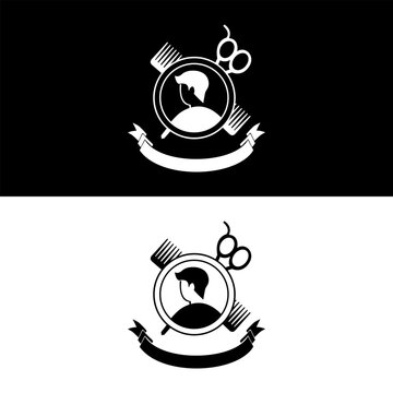 Classic barbershop logo design with scissors, comb, mirror and the silhouette of man