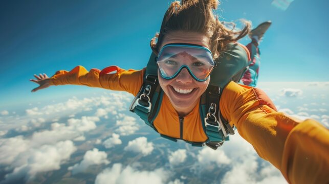 A young woman skydives in the sky and has a great time
