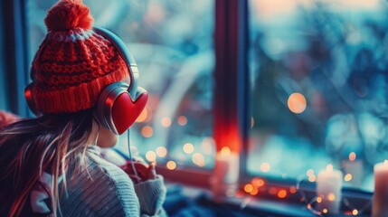 Obraz premium A person wearing headphones shaped like hearts, symbolizing the connection between music and emotions