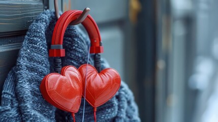 Heart shaped headphones dangling from a coat hook, reminding us to carry love wherever we go