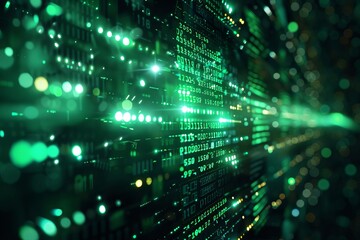 Obraz premium Digital matrix with green code, futuristic, high contrast, cyberpunk style, digital rendering