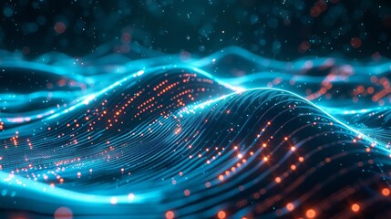Digital wave with glowing lines, futuristic, high contrast, cyberpunk style, digital rendering