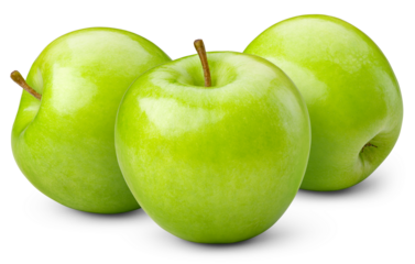 Apple isolated png. Green granny smith apple on transparent background. PNG format. Three green apples with no background. Full depth of field.