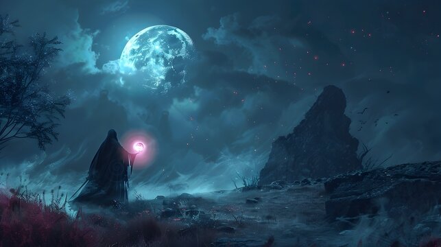 Mysterious Hexer Casts Ominous Curse Under Ethereal Moonlit Skies