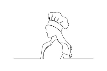 Continuous line art drawing female chef. Professional Chef minimalist style outline vector