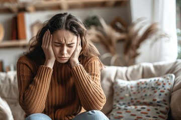 Fototapeta premium A young woman is sitting on a sofa in a living room and holding her head with both hands. Eyes closed in pain