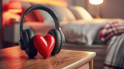 Heart shaped headphones on a nightstand, implying the comfort of listening to your heart before sleep