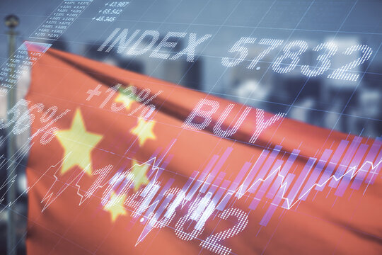 Abstract virtual financial graph hologram on flag of China and blurry cityscape background, forex and investment concept. Multiexposure