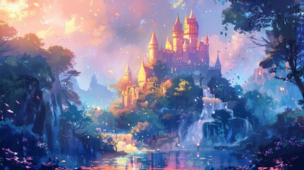 Fairy tale castle in a magical forest, whimsical elements, pastel colors, fantasy illustration