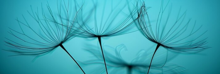 Silhouetted dandelion seeds against vibrant blue sky with delicate bokeh, focusing on wispy details