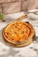 Margherita Pizza in Sunlit Summer Setting with Shadow Play on Rustic Surface