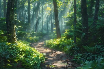Obraz premium Forest trail with sunlight filtering through trees, lush greenery, detailed, photo realism