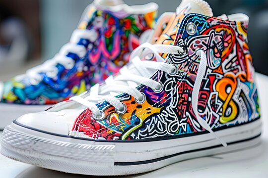Close-up photo of a pair of custom sneakers with a vibrant, graffiti-inspired design. Generative AI