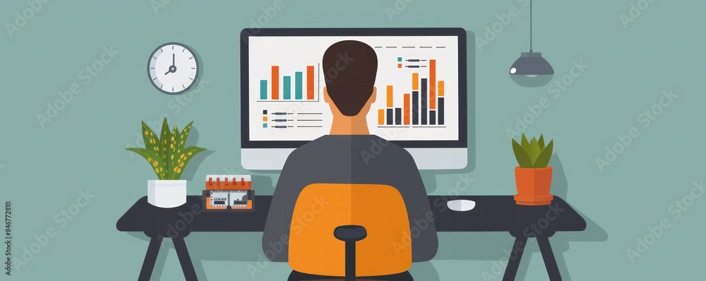 Poster a man is sitting at a desk with a computer monitor in front of him. he is looking at the screen, whi