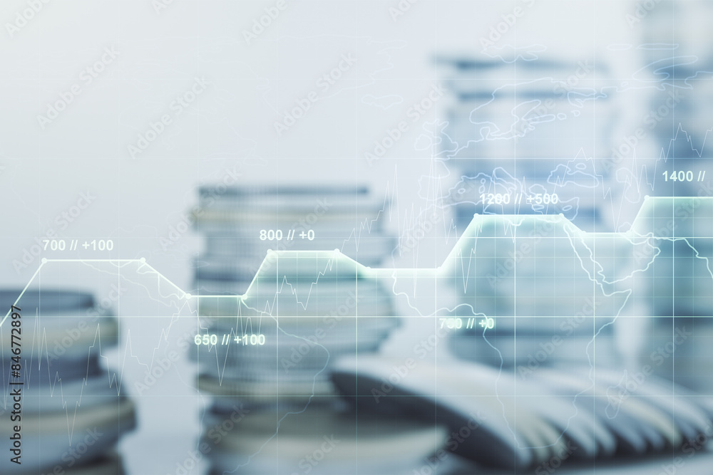 Poster multi exposure of stats data illustration on stacks of coins background, computing and analytics con
