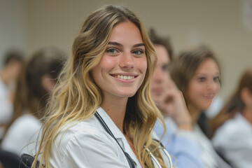 Fototapeta premium Photograph of a woman doctor, nurse, portrait shot smiling cheerfully, standing front row in class.