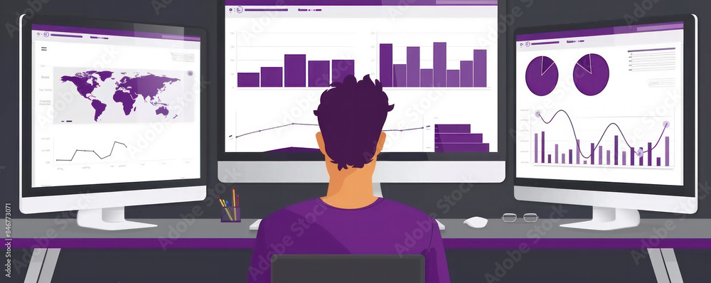 Poster a man is sitting in front of a computer with three monitors, one of which is displaying a world map