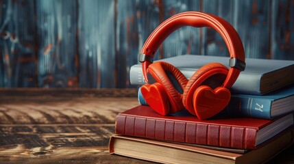 Heart shaped headphones placed on a stack of books, illustrating the wisdom found in listening to your heart