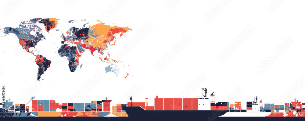 Poster a colorful world map with a large ship in the middle. the ship is surrounded by smaller ships and th