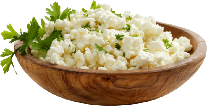 Fresh Feta Cheese in Wooden Bowl with Parsley Garnish Clipart, png, di cut, cut out, isolated on transparent background