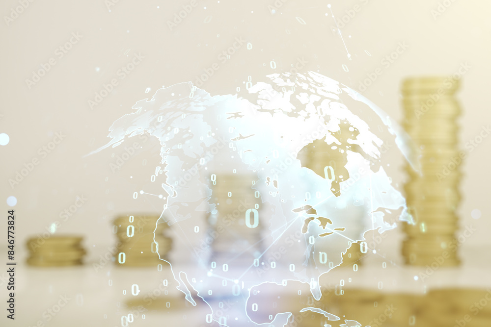 Aufkleber abstract virtual coding illustration and world map on coins background, international software devel