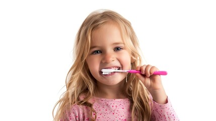 Happy little girl brushing teeth with pink toothbrush. Concept of dental hygiene. Bright and clean style image. Perfect for health and dental care themes and advertising. AI