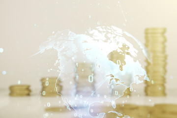 Abstract virtual coding illustration and world map on coins background, international software...