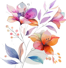 Flowers watercolor illustration on isolated background.  Use by fabric, fashion, wedding invitation, template, poster, romance, greeting, spring, bouquet, pattern, decoration and textile. 