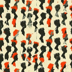 Repeating Pattern of Black and Red Silhouettes of Women's Heads in a Grid with Red Hats and Black Hair on a Light Yellow Background in Modern Minimalist Style with a Calm and Serene Mood