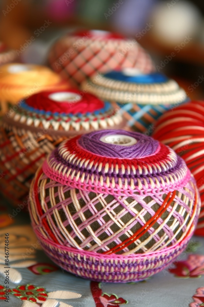Poster vibrant spectrum of yarn rolls creating a colorful background for textile or craft concepts