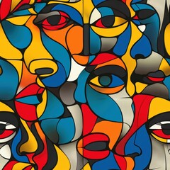 Obraz premium A Colorful Abstract Depiction of Human Faces in a Cubism-like Style with Bright Vibrant Colors and Geometric Shapes Creating an Energetic and Harmonious Image with Detailed Features