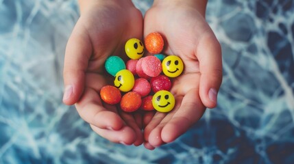 Hands holding a handful of smiling candies, capturing the delight of indulging in sweet treats.