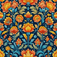 Seamless Repeating Pattern of Boteh Paisley Motifs in Grid Formation with Colorful Floral Borders on Dark Blue Background, Inspired by Traditional Indian and Persian Textile Designs