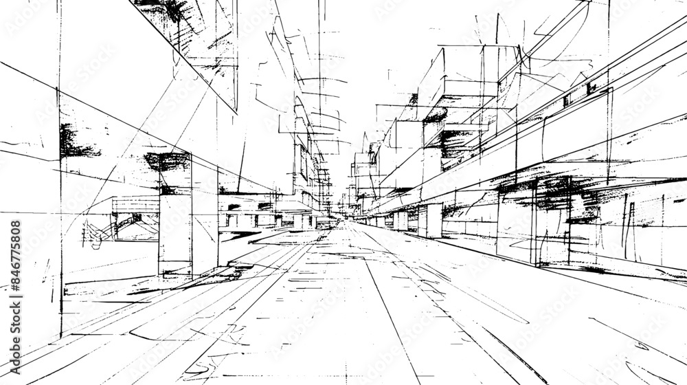 Poster distressed sketch of building with dust on isolated background. architectural sketch of a house. lin