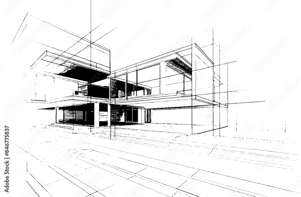 Aufkleber distressed sketch of building with dust on isolated background. architectural sketch of a house. lin