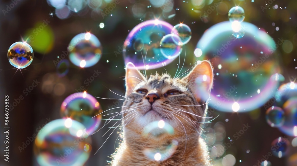 Aufkleber happy cat surrounded by a flurry of bubbles, jumping and pouncing with delight.